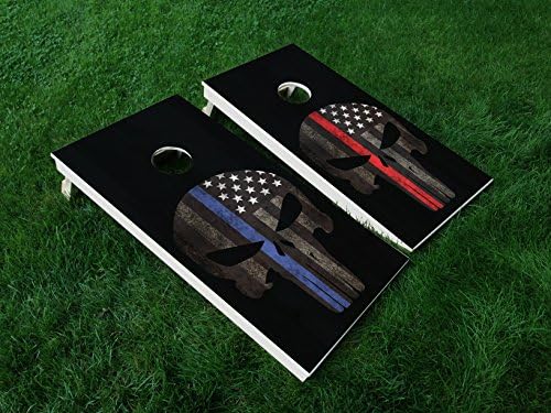 DISTRESSED AMERICA THIN BLUE LINE 02 / THIN RED LINE 02 COMBO PUNISHER USA FLAG POLICE CORNHOLE WRAP SET Vinyl Board DECAL Baggo Bag Toss Boards MADE IN the USA
