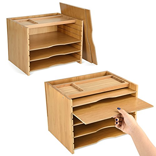 Bamboo File Organizer Desk Paper Sorter with 5 Adjustable Shelves Dividers Workspace Organizer with Top Storage Parts