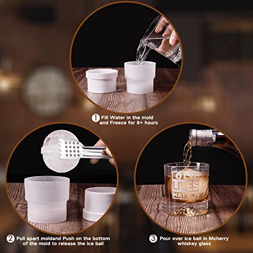 Mcherry OLD LIVES MATTER Whiskey Glass and Ice Ball Mold Gift Set , 10 oz Whiskey Glass - 2.5 Inch Round Ice Cube Molds Old Man Gift Ideas for Christmas Birthday Retirement Anniversary
