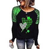 St. Patrick's Day T-Shirt Womens Funny Shamrock Printed Sequined Splicing Sleeve Casual Lucky Clover Heart Graphic Tee Tops