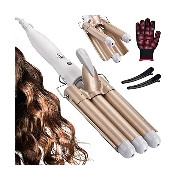 Hair-Curler-Yalixuan-3-Barrel-Hair-Waver-25mm-Hair-Curling-Wand-with-Heat-Resistant-Glove-and-2-Hair-Clips-2-Temperature-Mode-Control-for-Long-or-Short-Hair-Hot-Pressing-Styling-Tool-White-Gold Hair Curler, Yalixuan 3 Barrel Hair Waver, 25mm Hair Curling Wand with Heat-Resistant Glove and 2 Hair Clips, 2…