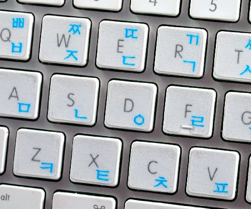 KOREAN APPLE KEYBOARD DECALS WITH BLUE, RED, ORANGE OR WHITE LETTERING ON TRANSPARENT BACKGROUND FOR DESKTOP, LAPTOP AND NOTEBOOK (Blue)