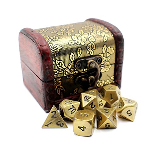 Metal DnD Dice Set with Gold Storage Chest / Box for Roleplaying Games