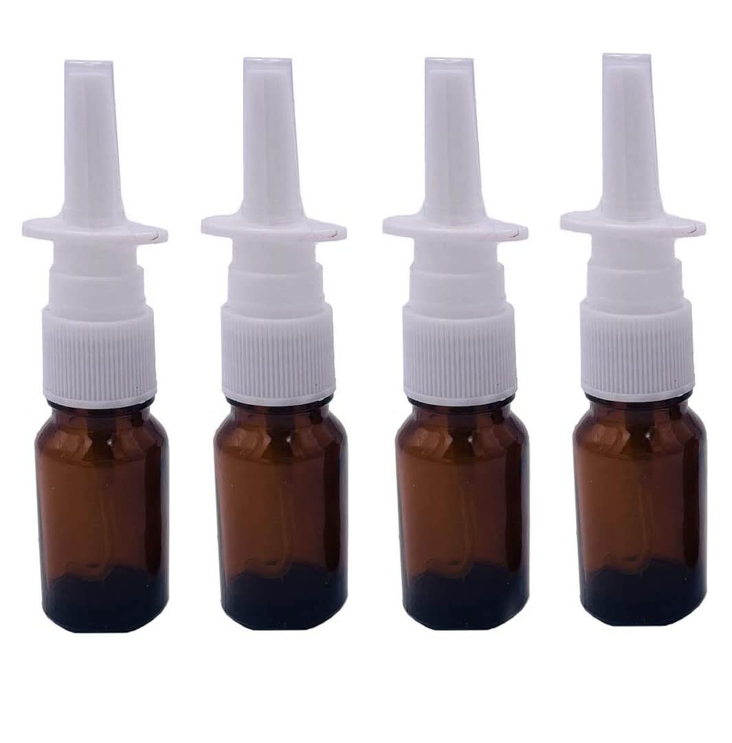 4PCS 10ML Empty Refillable Amber Glass Nasal Spray Bottle Pump Sprayers Snoot Cleanser Container for Nasal Irrigation Spray Medical Saline Water Applications