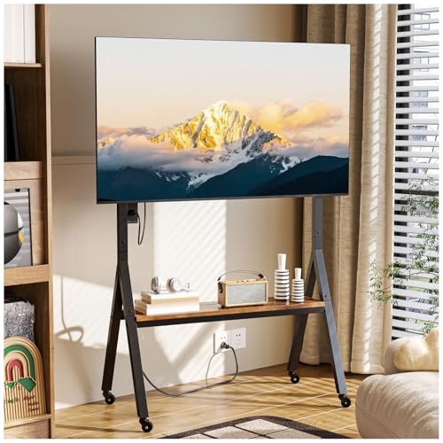 Simple Wisdom Soporte para TV móvil con Toma de Corriente,Soporte para TV con Lamas,Apto para TV de 32 a 75 Pulgadas,Carga máxima 60 kg,Ajuste de Altura,Base de Madera Segura