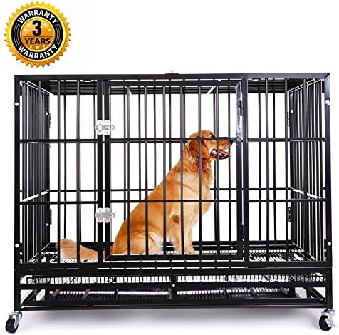 Gelinzon Heavy Duty Dog Crate, Large Metal Strong Dog Kennel Cage with Tray and Wheels (Black Shiny) (48")