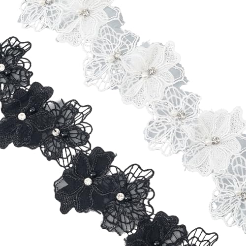 CABODYALS 2Pcs Black White Double Deck Ribbon 3d Floral Embroidered Imitation Pearls Lace Ribbons Faux Pearl Flower Embroidery Trim for Sewing Making Clothing Wedding Valentines Decor Diy Craft