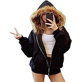 HOHOPEACH Y2k Zip Up Hoodie Fur Jackets Winter Coats Teen Emo Grunge 2000s Clothes Vintage Streetwear Women