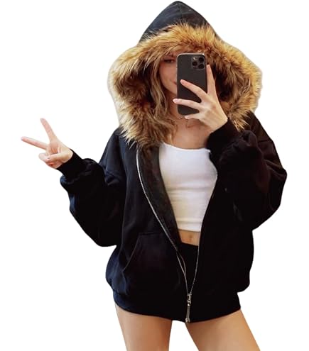 Amazon.com: RSGMU Y2k Jacket with Fur Hood Emo Hoodie Jackets, Fur