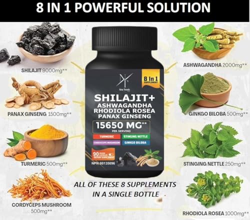 8-in-1 Shilajit Himalayan Organic Supplement with Shilajit 9000, Ashwagandha 2000MG, Rhodiola Rosea 1000MG, Panax Ginseng 1500MG, Cordyceps Mushroom 500MG, Gingko Biloba 500MG, Stinging Nettle 250MG, Turmeric (15,250 MG - 90 Caps)