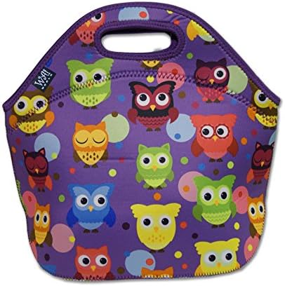 Neoprene Insulated Lunch Bag Tote with Zipper, for Women, Girls, Kids, Large, Lunch Box for School, Work - Purple Owls, by Wai World