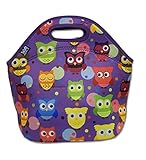 Insulated Neoprene Lunch Tote Bag - Large, Purple Owls