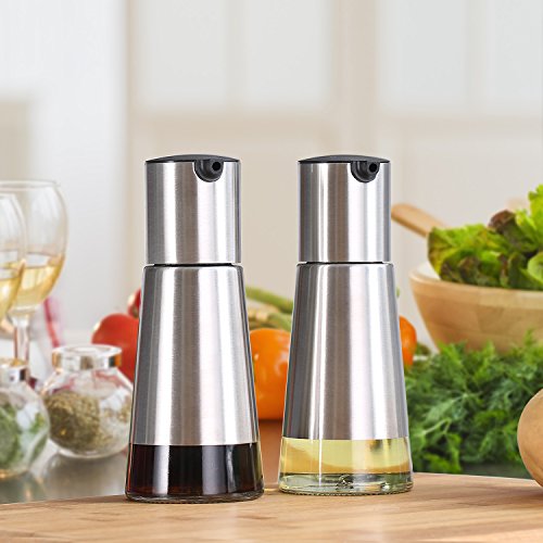 Kitchen Oil Dispenser - VAKOO Stainless Steel Olive Oil and Vinegar Cruet Dispenser Set - BPA-free Leak-proof Glass Oil Bottles - Best Cooking Oil Container for Kitchen - Thumbnail 2