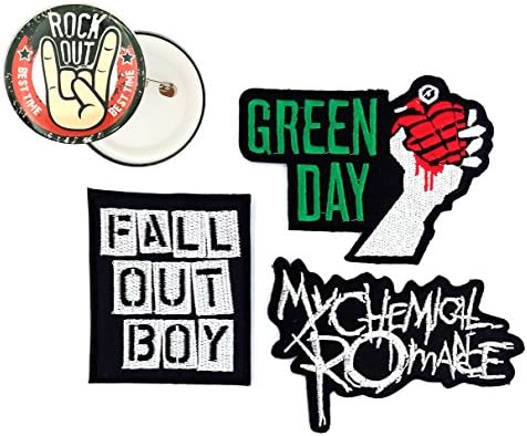 Set_ROCK007PIN - 3 Heavy Metal Patches and 1 Pinback Button (My Chemical Romance, Fall Out Boy, Green Day Patches and 2.25" Rock Out Pinback)