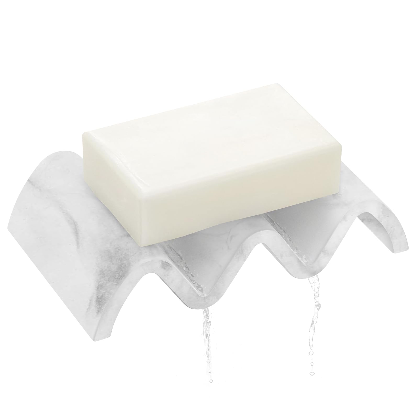 PENGARO Marble Soap Dish with Drain, Wave Shape Soap Dish Shower Soap Holder, Quick Drying Soap Box, Jewellery Bowl, Ring Tray, Soap Tray for Bathroom, Sponge Holder, Kitchen, Marble White