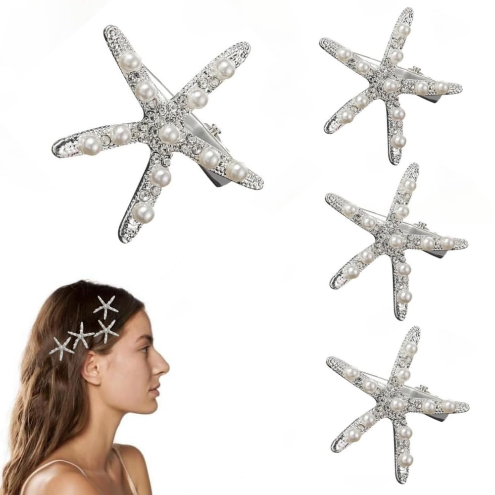 4 Pieces Pearl Starfish Rhinestones Hair Clips Starfish Hair Clips Starfish Pearl No Slip Hair Barrettes for Girl Woman Hair Accessories Bridal Hair Decoration (Silver 4-Pack)