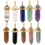 MIKINI 9pcs Silver Plated Wire Wrap Hexagon Pointed Cut Gemstone Healing Energy Natural Crystal Pendant Necklaces Pack, 18 Inches (10pcs (Gold Cap))