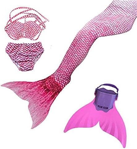 Mermaid Tail Swimwear Girls 4pcs Set Sparkle Mermaid Bikini Swimsuit Includes Monofin (10=130cm, water pink)