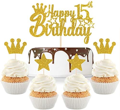 Gold Glitter Happy 15th Birthday Cake Topper with Crown Star Cupcake ...