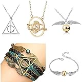 4MEMORYS 5PCS Harry Potter Necklace Set Time Turner Deathly Hallows Golden Snitch for Harry Potter Fans Gifts Collection Magical Cosplay Costume Jewelry Gift (5pcs)