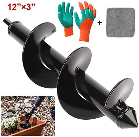 Auger Drill Bit, GOCHANGE Garden Auger, 3”x 12”Garden Plant Flower Bulb Shaft Auger with Garden Genie Gloves and Clean Towel, Post Or Umbrella Hole Digger for 3/8” Hex Drive Drill