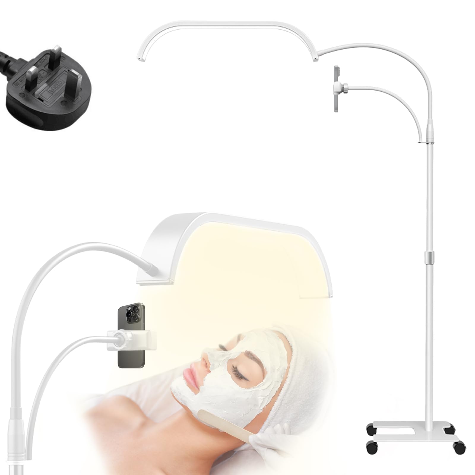 Half Moon Light for Lashes, Lash Light for Eyelash Tech with Wheels, Flexible Bracket LED Floor Light with Phone Holder, with 50cm Swing Arm, 7Colors & Stepless Dimming, Half-Moon Extensions (White)