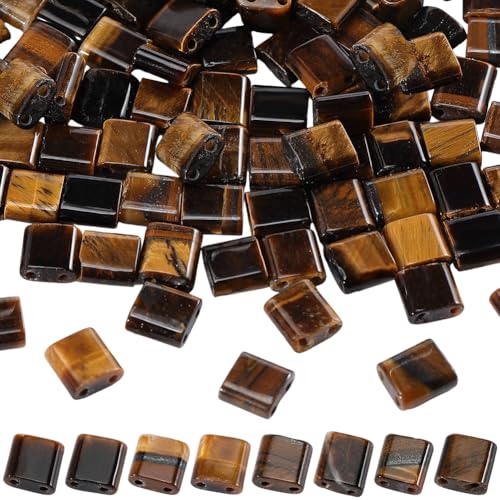 PONABEADIY 1 Box 5MM 142PCS Natural Tiger Eye Stone Beads Strands 2-Hole Square Yellow Brown Gemstone Loose Spacer Bead Bulk for Jewellery Making Bracelets Multi-Strand Connector Diy Crafts Supply