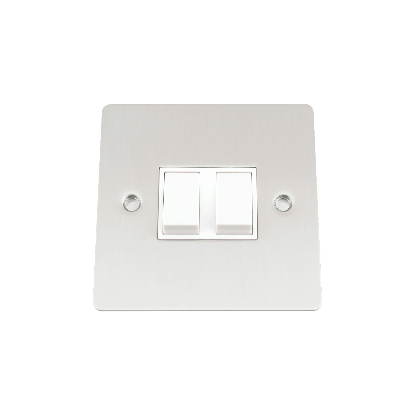 Light Switch 2 Gang - Satin Matt Chrome - Flat - White Insert Plastic Switch - 10 Amp Double 2 Gang 2 Way