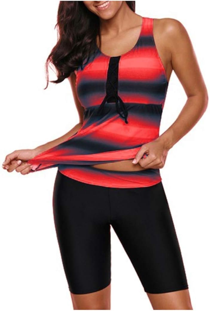 Women's Plus Size Color Block Striped Tankini Top with Athletic Rash Guard Capris Spaghetti