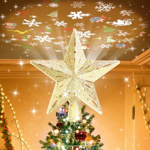 Mrrihand Christmas Tree Topper Lighted with 6 Projection Modes, Christmas Star Tree Topper Built-in LED Rotating Lights, Gold 3D Glitter Dynamic Projection for Christmas Tree Decorations