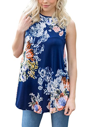 Dokotoo Womens Casual Summer Plus Size Floral Print Sleeveless Blouses and Tops Tank for Juniors Navy Small