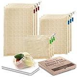 Reusable Produce Bags (Set Of 9) + Bonus Stainless Steel Straws - Premium Organic Cotton Mesh Grocery Bag with Drawstring - Eco Friendly and Washable, Net Zero Reuseable and for Vegetable or Veggie