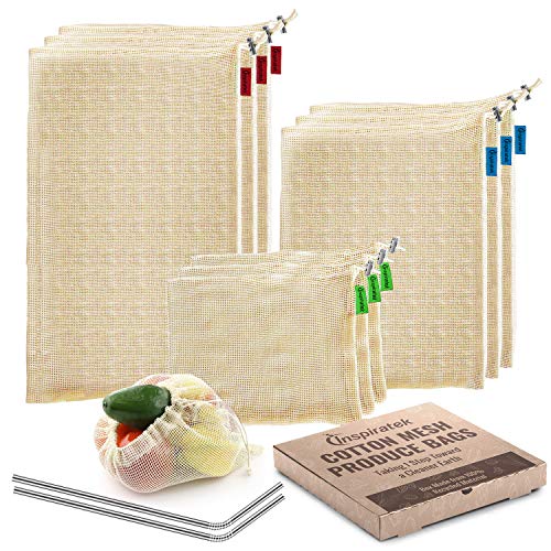 Reusable Produce Bags (Set Of 9) + Bonus Stainless Steel Straws - Premium Organic Cotton Mesh Grocery Bag with Drawstring - Eco Friendly and Washable, Net Zero Reuseable and for Vegetable or Veggie
