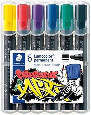 350 WP6-1 Arte Permanente Lumocolor. Caixa exclusiva com 6 marcadores de tinta permanente com ponta chanfrada, cores variadas