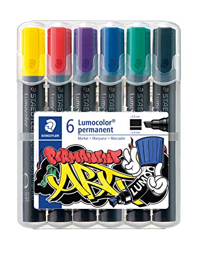 350 WP6-1 Lumocolor Permanent Art. Estuche exclusivo box con 6 marcadores de tinta permanente con punta biselada, colores surtidos