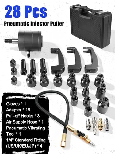 Ghekkli 27Pcs Pneumatic Injector Pullers, Injector Disassembly Tool with 19 Adapters, 3 Extraction Hooks and 1/4" 4 Connectors(US/UK/EU/JP)