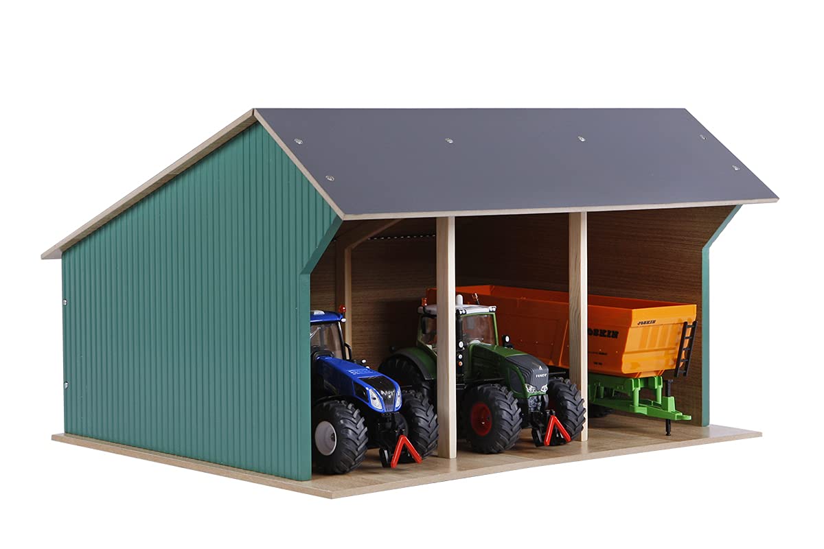 Kids Globe Wooden Shed for Three Vehicles/Trailers Toy Tool Shed Warehouse 1:32 Scale Wooden Farm Toy 610193