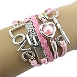 Bestpriceam Fashion Infinity Heart Pearl Love Key Leather Alloy Charm Bracelet Pink