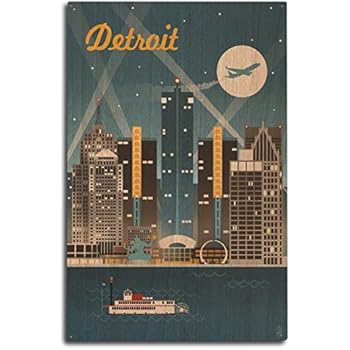Lantern Press Detroit, Michigan - Retro Skyline (10x15 Wood Wall Sign, Wall Decor Ready to Hang)