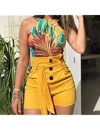 BLLKE pantalones cortos casuales elásticos de cintura alta con volantes y botones frontales sueltos, pantalones cortos de verano para playa