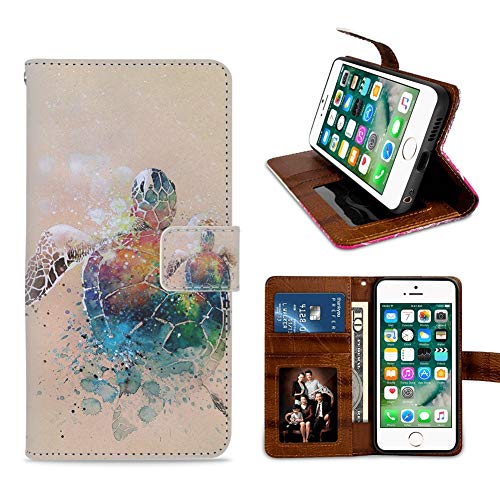 Spegen Wallet Case for iPhone 6 6S Watercolor Sea Turtle Genuine Leather Magnetic Folio Flip Case Card Slots Holder Stand for iPhone 6 6S