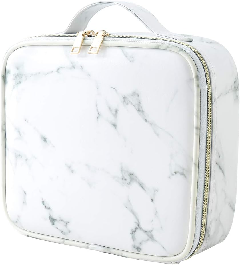 Gloriest Makeup Organizer Bag Travel Case Portable Cosmetic Storage Bag with Adjustable Dividers for Women Makeup Brush Tools Gadgets Gift, Marble White