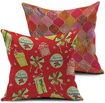 1 Side Merry Christmas Pattern - 1 Side Red Boho Ethnic Tribes Throw Pillows Covers Cotton Linen Cushion Cover Moroccan Geometric Decorative Pillow Case for Sofa,Outdoor Cushions for Chair and Couch