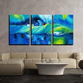 3 Piece Canvas Wall Art - Original Oil Painting Showing Lake,Boat and House Landscape on Canvas - Modern Home Art Stretched and Framed Ready to Hang - 16"x24"x3 Panels
