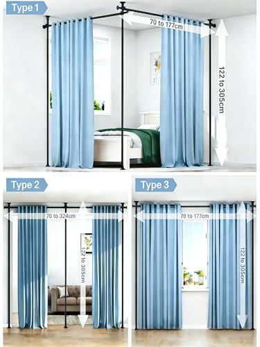 Room Divider Curtain Rod, Heavy Duty No Drilling Room Separation Rods, Floor to Wall Ceiling Tension Separator Privacy Space Partition Rods, Black Adjustable 122-305Cm(H), 70-324Cm(W)