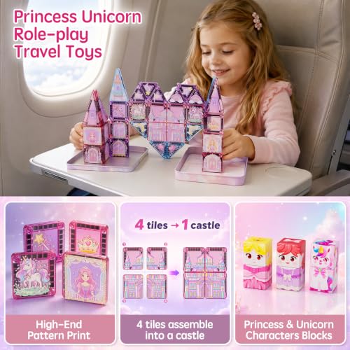 Kit de voyage de blocs magnétiques pour filles : 60 min de jeu tranquille, 42 tuiles magnétiques Licorne & princesses, boîte métallique portable pour la voiture et l'avion, cadeau pour les 3 à 6 ans