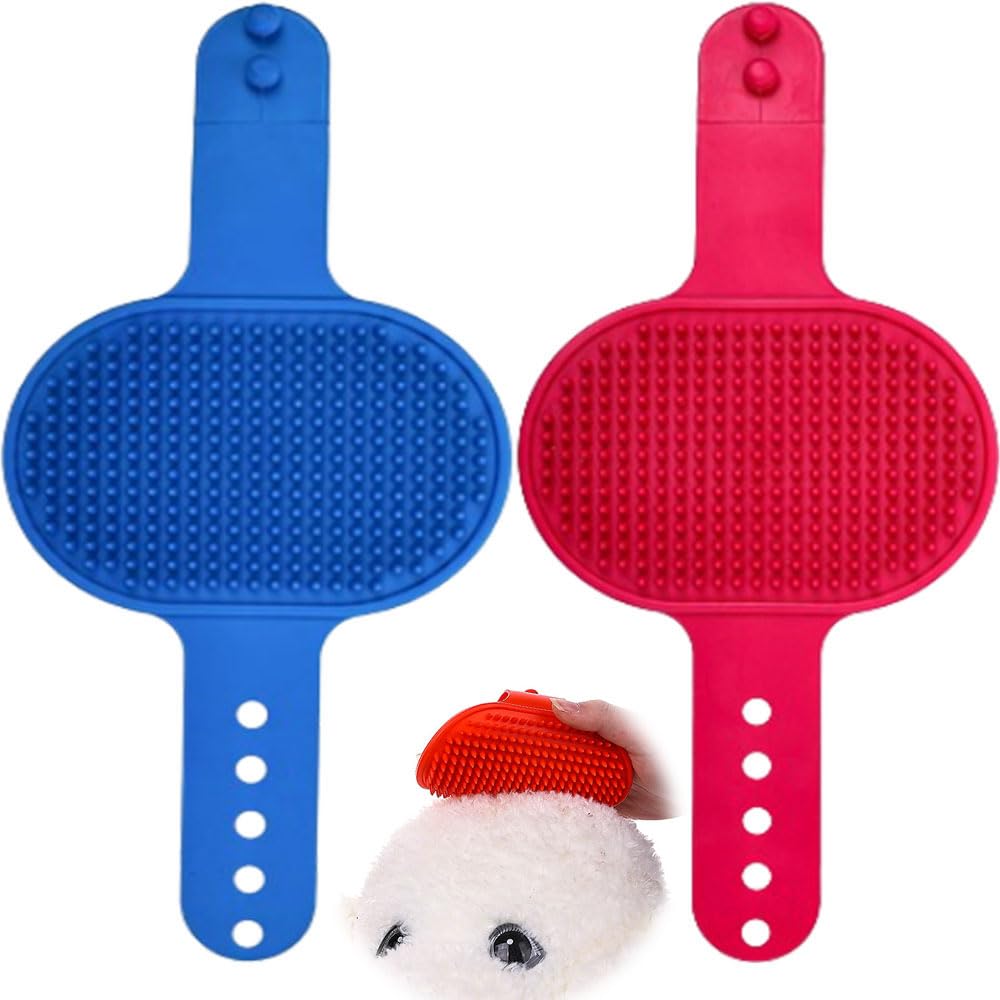 2 Pcs Pet Bath Brush with Adjustable Ring Handle Massage Brush Grooming Brush Pet Shampoo Bath Brush Soothing Massage Rubber for Dogs and Cats with Short or Long Hair