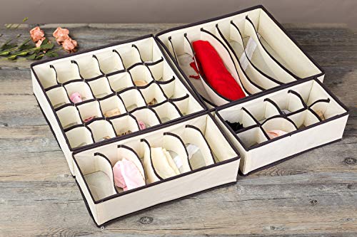 Xena 4 Pack Drawer Organizer Set Closet Underwear Sock Shirt Pantie Organizer Dividers Cream Foldable Clothing Boxes 11, 12, 13 Inch Large Bedroom Storage