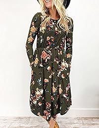 EMVANV Vestido de manga larga plisado con estampado floral y bolsillo para mujer