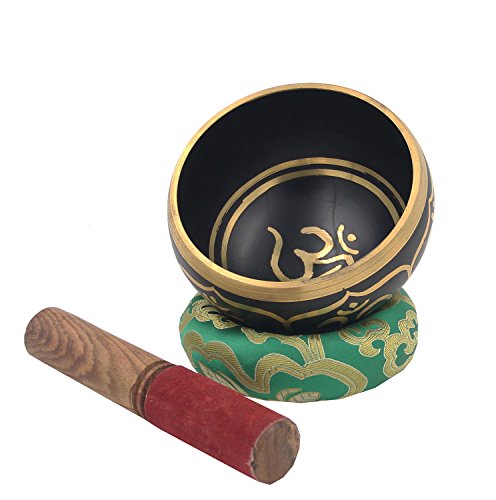 DharmaObjects Relaxing Yoga Meditation Om Peace Singing Bowl / Silk Cushion / Rosewood Mallet Set (Medium, Black)